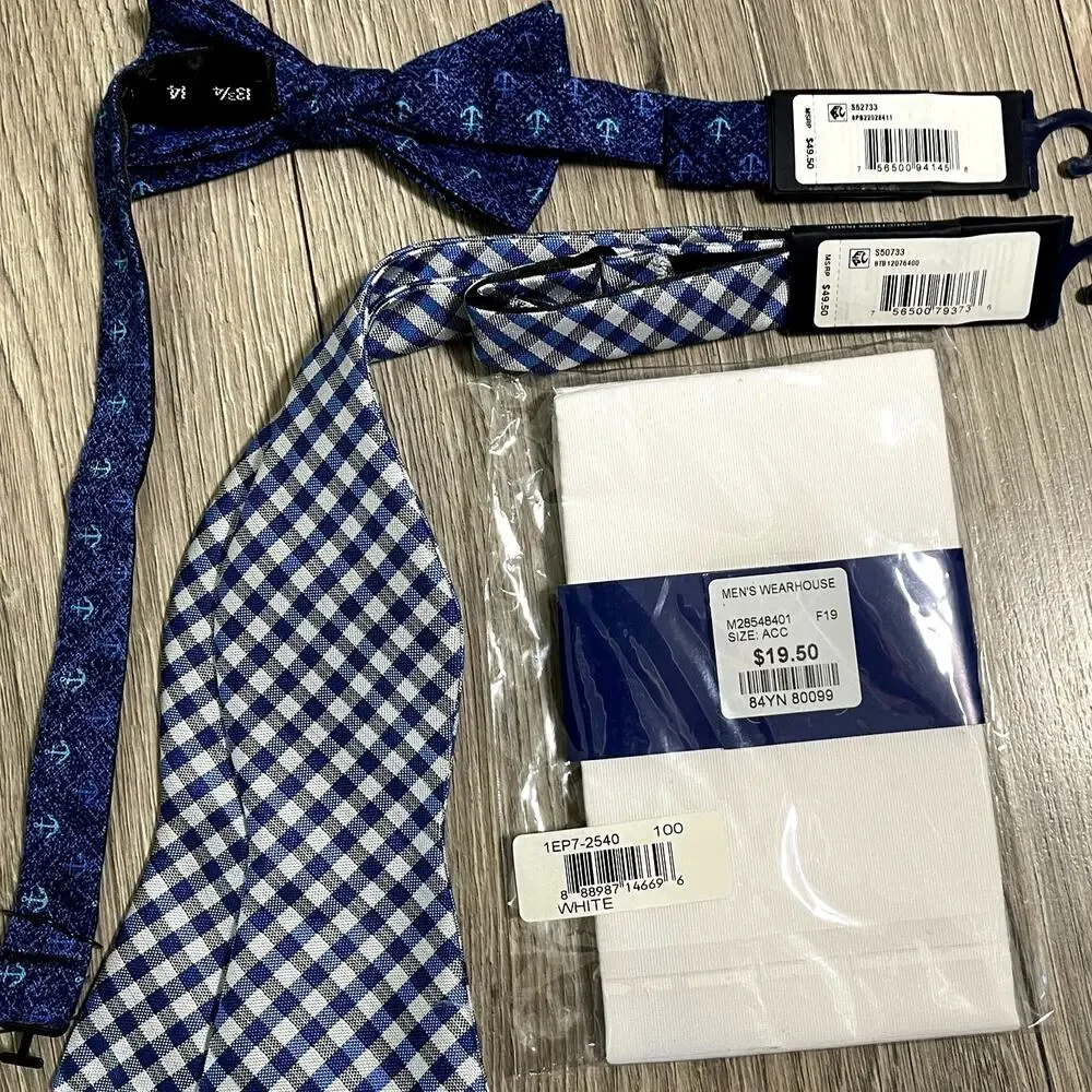 3pc 2 Tommy Hilfiger Linen Bow Ties 1 Egara Pocket Square - Blue & White - $119